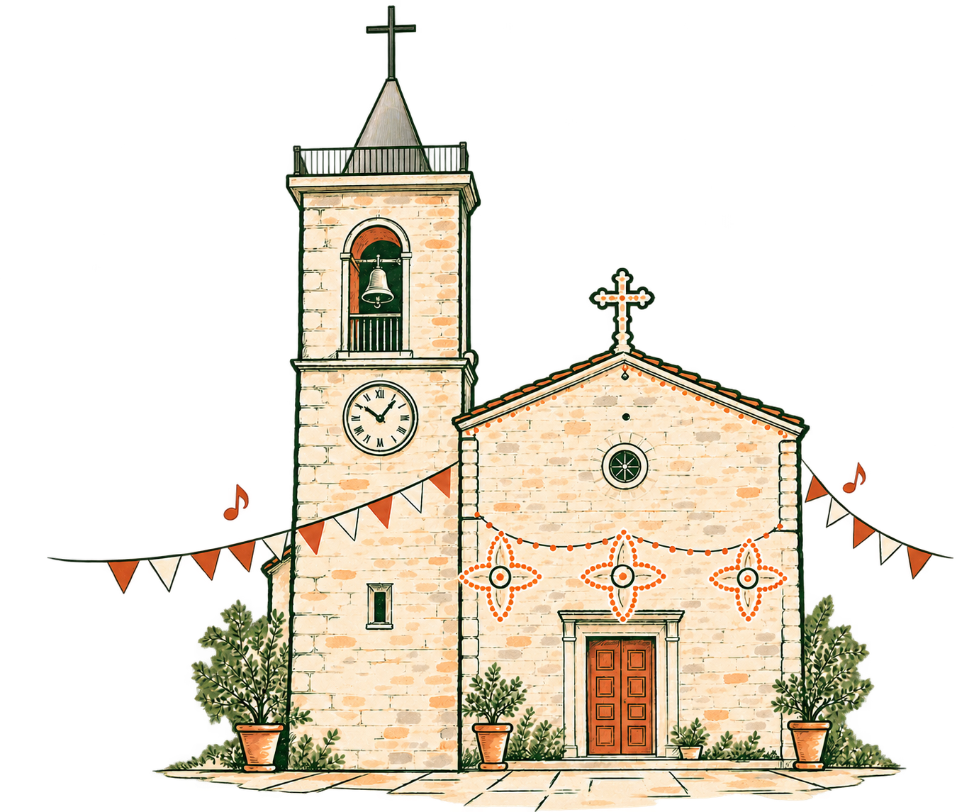 Illustrazione della chiesa di Santa Maria Lauretana con festoni per la festa del paese